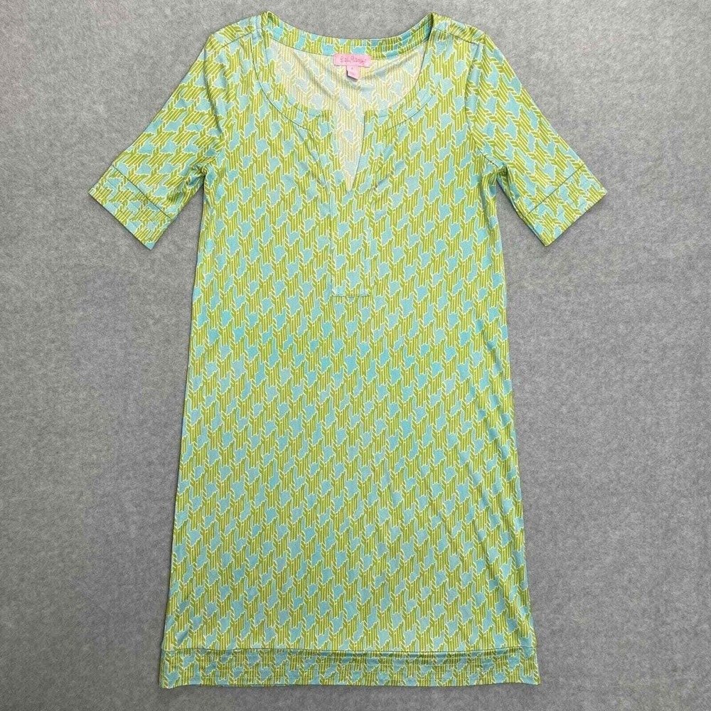 Lilly Pulitzer Silk Shift Dress Womens 0 Blue Green Geometric Notch Short Sleeve